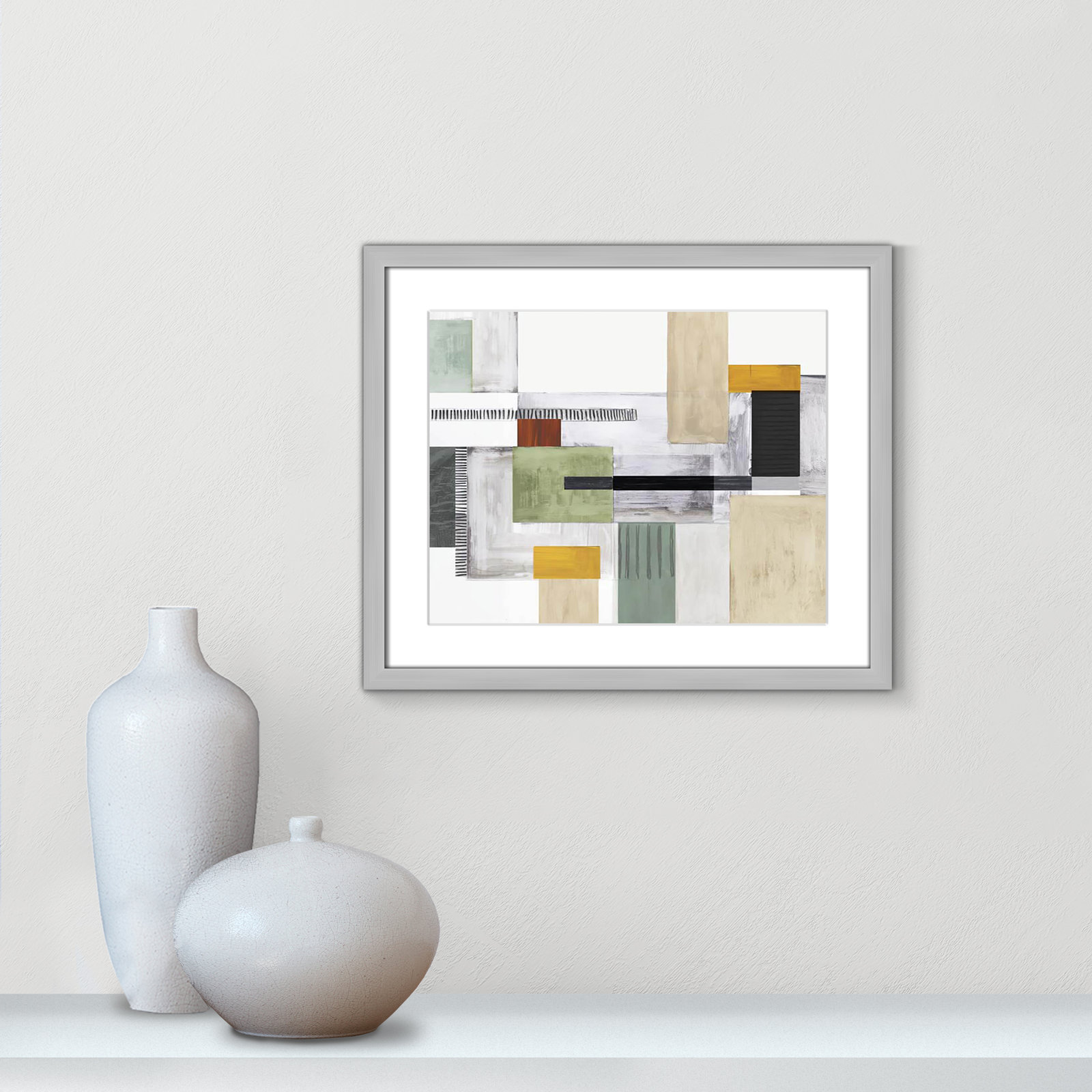 Playful Blocks Print by Tom Reeves, 16" H x 19" W x 1.25" D, Silver Box Picture Framed, White