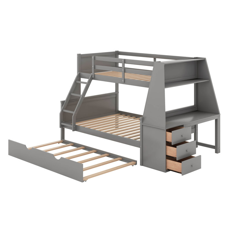Lit simple superposé au dessus d'un lit double avec lit gigogne et bureau, Gris