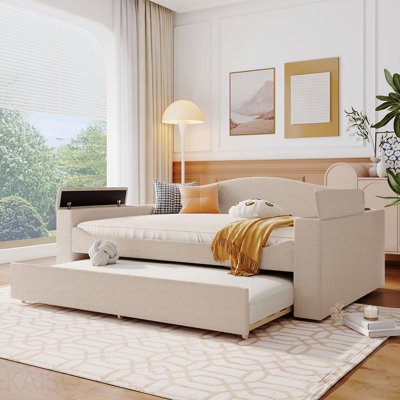 Lit de jour double rembourré avec accoudoirs de rangement, couchette et dernier système audio Bluetooth intégré, molleton Teddy, beige