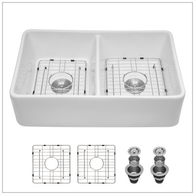White Farmhouse Sink - 32 Inches Ceramic Double Bowl Farm Apron Front Kitchen Sink