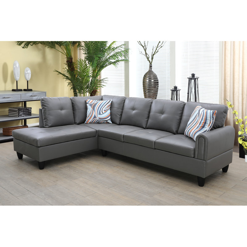 Renford Upholstered L-Shaped Sectional, Left Hand Facing, Gray Faux Leather