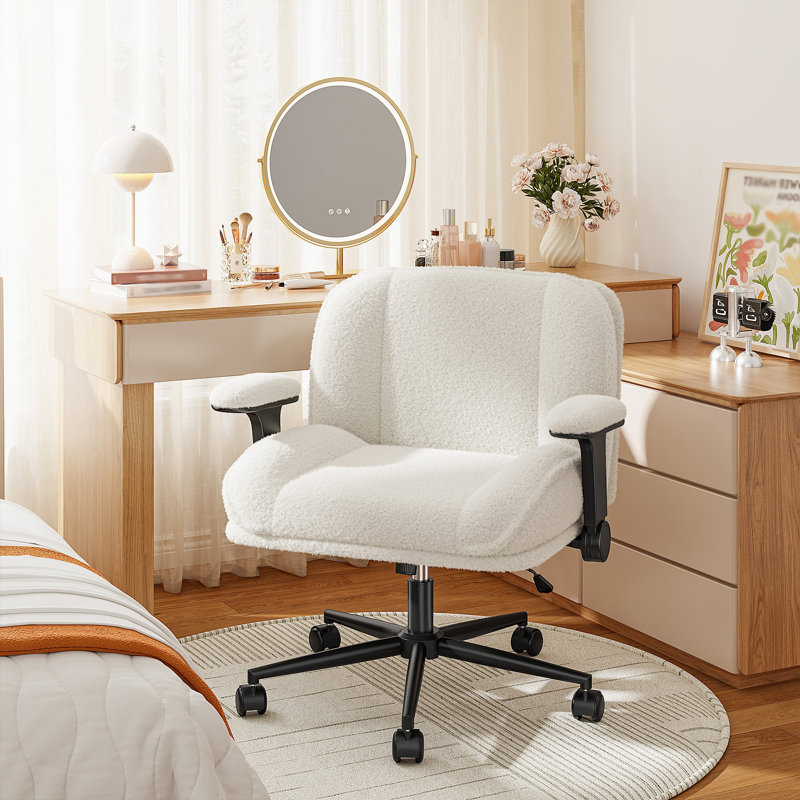 Chaise de bureau rembourrée de 28,3 po de largeur avec roulettes pour bureau à domicile, coiffeuse et dortoir, Blanc