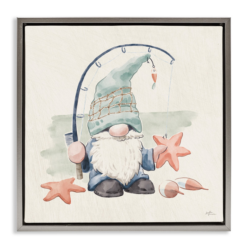 Gnome de pêche d'été, Cadre flottant gris lustré, H 18 po x l 18 po