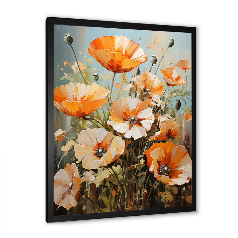 «Poppies Meadow Orange Ovation», reproduction d'art sur toile, Cadre simple noir, H 20 po x l 12 po x P 1 po