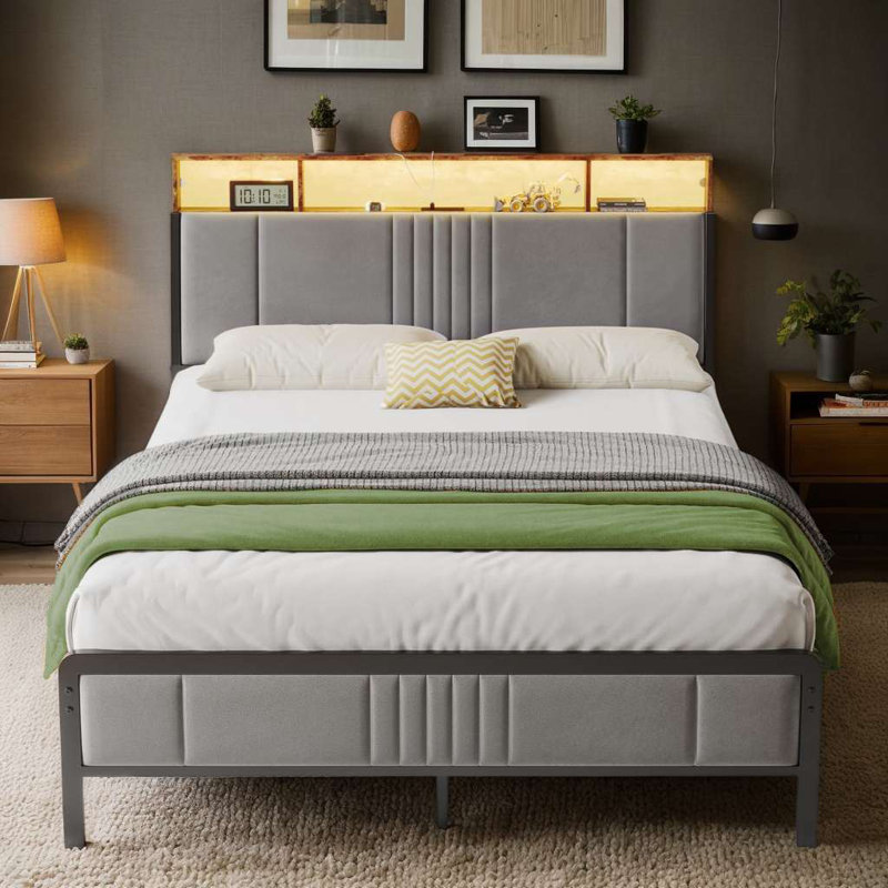 Bed Frame With Upholstered Headboard And 2-Tier Storage, Charging Station, And Smart LED Lights, Twin