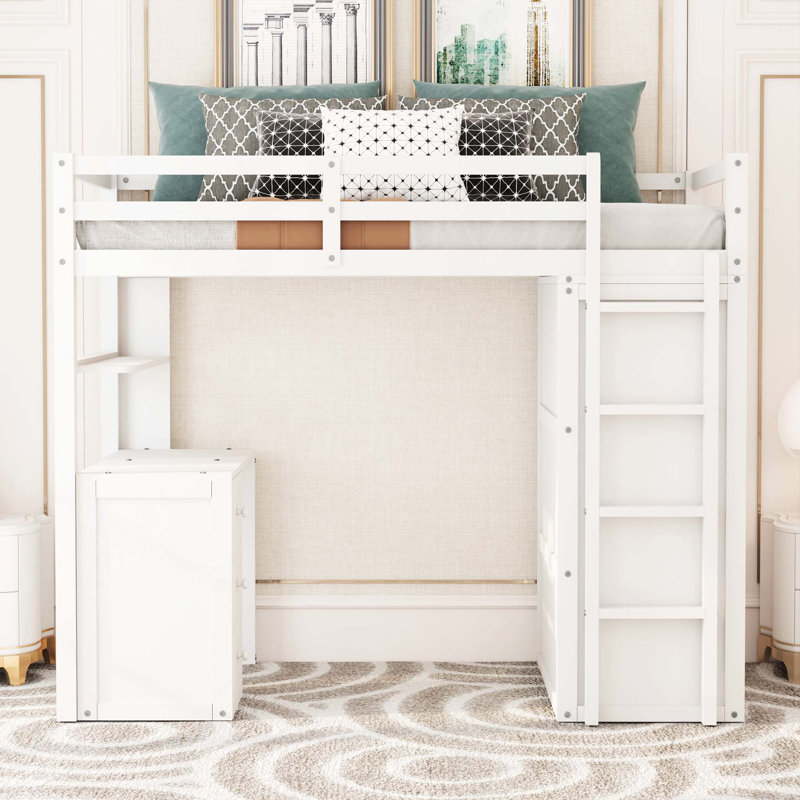 Lit mezzanine simple avec tiroirs, bureau et garde-robe - Kieandra, Twin, Blanc