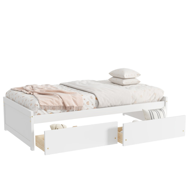 Lit simple avec 2 tiroirs, lit de rangement en bois d'hévéa massif - peu encombrant et robuste, blanc, Blanc