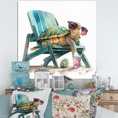 Turtle Laying On A Beach Chair With Sunglasses I - Turtle Wall Art for Living Room
