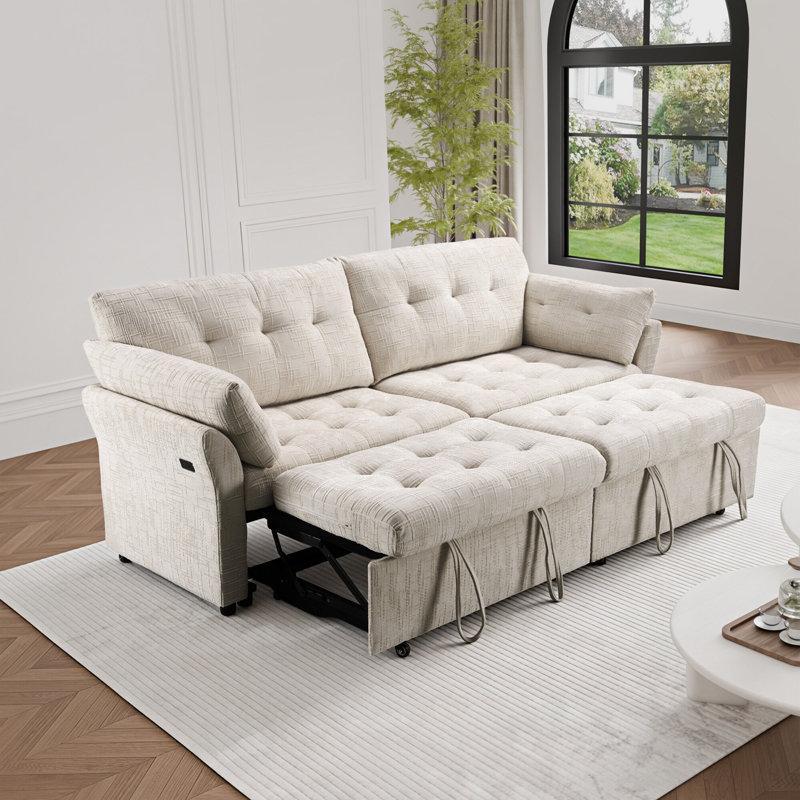 90" Wide 3 Seater Pull out Sofa Sectional Sleeper Sofa with USB Charging, Beige