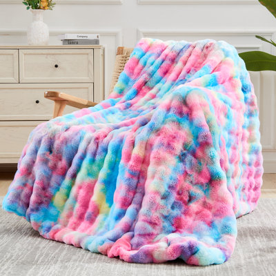 NEWCOSPLAY Faux Fur Throw Blanket Tie-dye Grey Luxury Fluffy Thick Warm Bubble Blanket for Couch Sofa Bed 700GSM (Tie-dye Grey, Throw(50"x60"))
