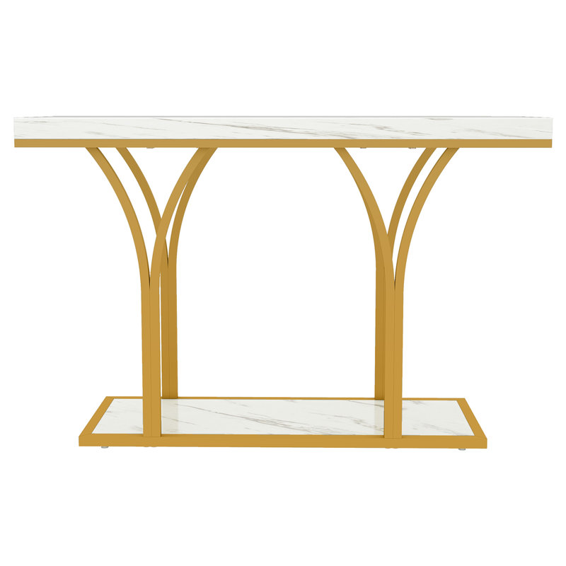 Modern Faux Marble Console Table with Gold Metal Frame, Narrow Entryway Sofa Table with Bottom Shelf, White Marble
