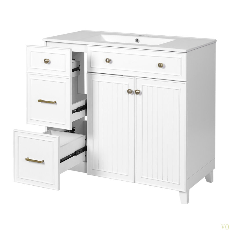 Meuble-lavabo de 36 po avec lavabo en céramique, tiroirs standard et double couche, portes à fermeture en douceur, tablettes réglables, armoire de rangement moderne pour petites et moyennes salles de bain