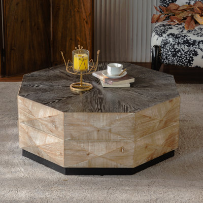 Table basse octogonale, table centrale en bois de style rétro de 38 po avec motif en relief tridimensionnel, grande table basse à centre circulaire pour salon