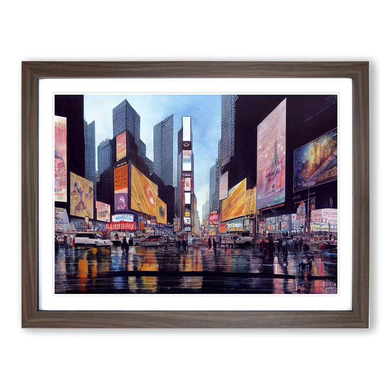 Times Square New York Watercolour Vol.1 - Framed Print, 34cm H x 46cm W x 2cm D, Walnut Framed