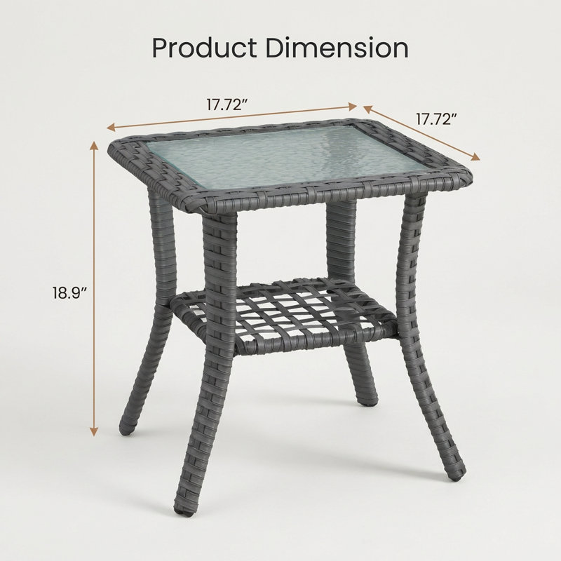 Table d'appoint d'extérieur en osier avec plateau en verre, table de bout de patio avec tablette inférieure, petite table d'appoint d'extérieur pour porche, balcon, jardin, cour arrière, gris