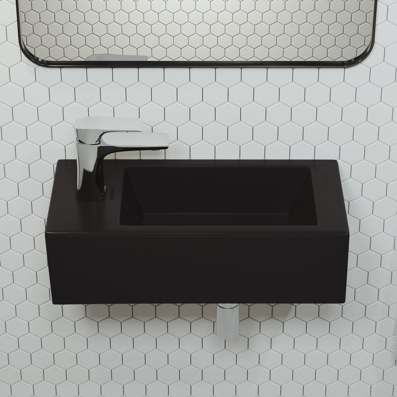 Lavabo mural rectangulaire en céramique avec fixation pour robinet Voltaire, Noir mat, Fixation de robinet à droite
