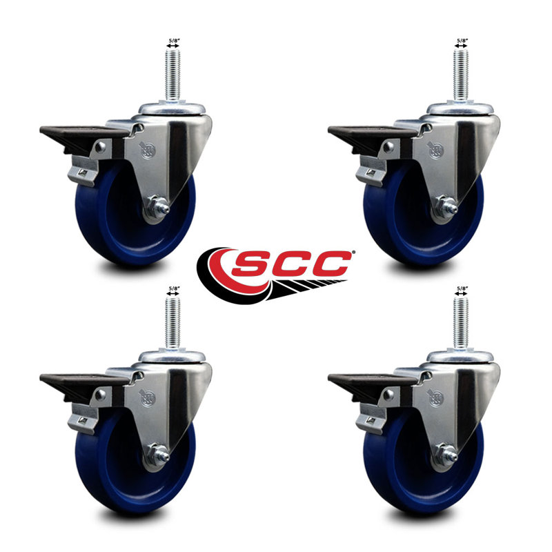 4 Inch_Solid Poly Wheel Swivel 5/8 Inch Threaded Stem Caster Set with Brake