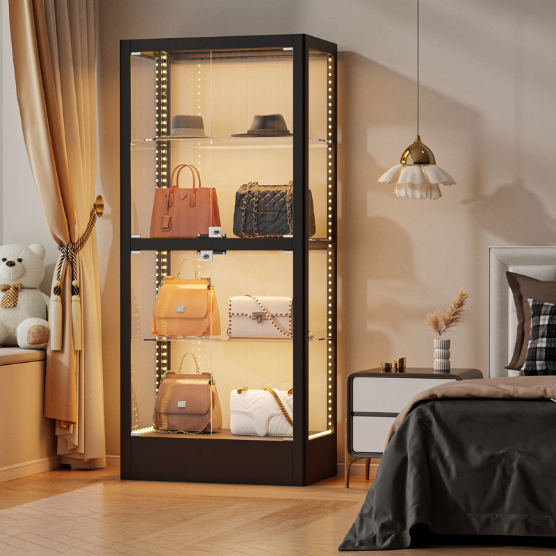 63" Freestanding 4-Sided Glass Display Cabinet With Magnetic LED Light Strip, Black