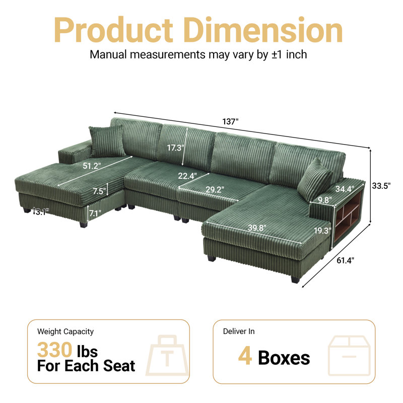 137" U-shaped Modular Sectional Sofa 4 Pieces Oversized Corduroy Comfy Couch With 2 Side Storage Shelves & Chaise Sets