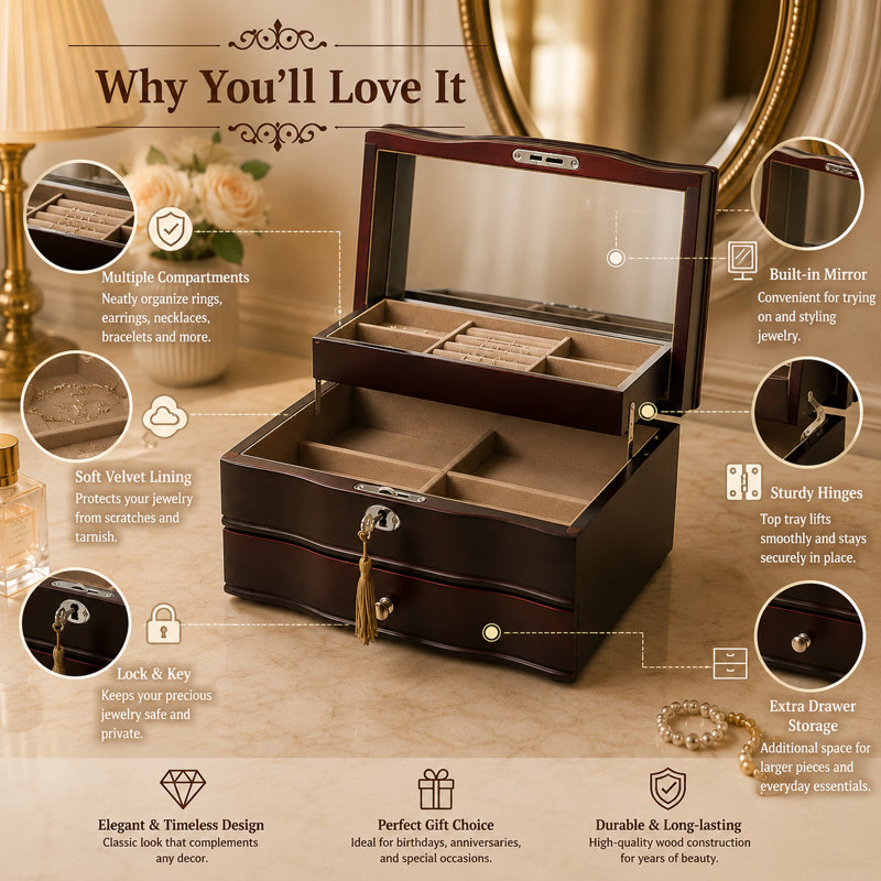 11,7 po Boîte à bijoux en bois brun avec miroir, organisateur de bijoux verrouillable à plusieurs couches avec doublure en velours et rangement de tiroir
