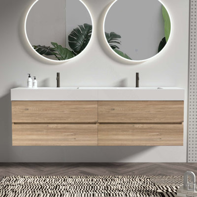 Meuble-lavabo de salle de bain avec lavabo à quartz et tiroirs en chêne brut, meuble-lavabo mural flottant, lavabo une pièce sans drain ni robinet