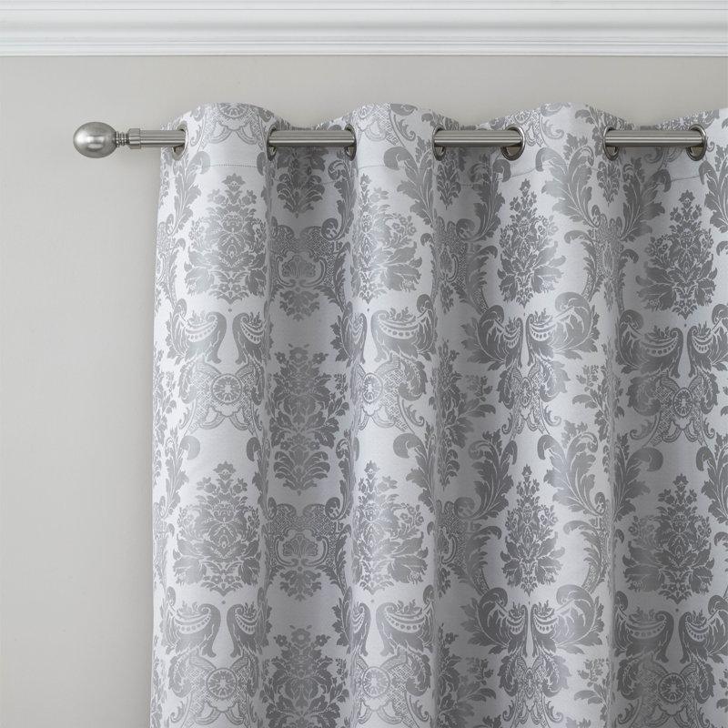 Damask Jacquard Lined Eyelet Curtains Silver Grey, 168 W x 229 D cm