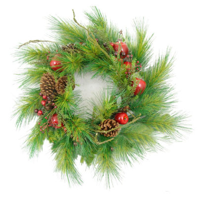 Red and Green Pine Cones and Berries Artificial Christmas Wreath - 24 Inch Unlit