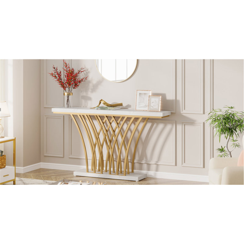 59" Gold Console Table, Modern Faux Marble Entryway Table With Grid Metal Base, Narrow Accent Sofa Table For Living Room, Hallway, Foyer, White & Gold