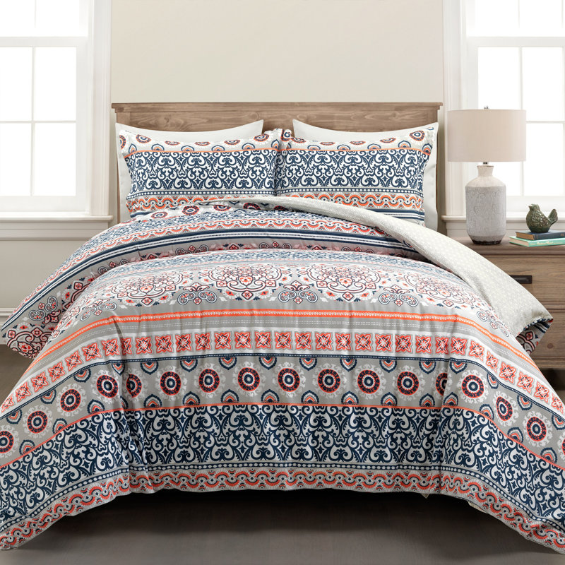 Nesco Stripe Reversible Cotton Duvet Cover Navy, King Duvet Cover + 2 King Shams