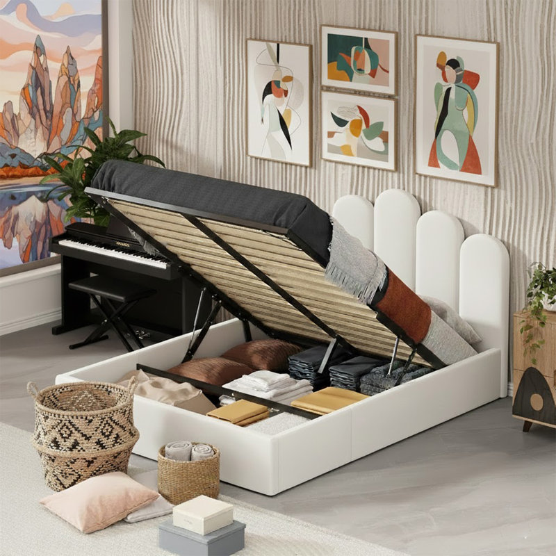 Lit plateforme tapissier Petal Palm, Double, Blanc