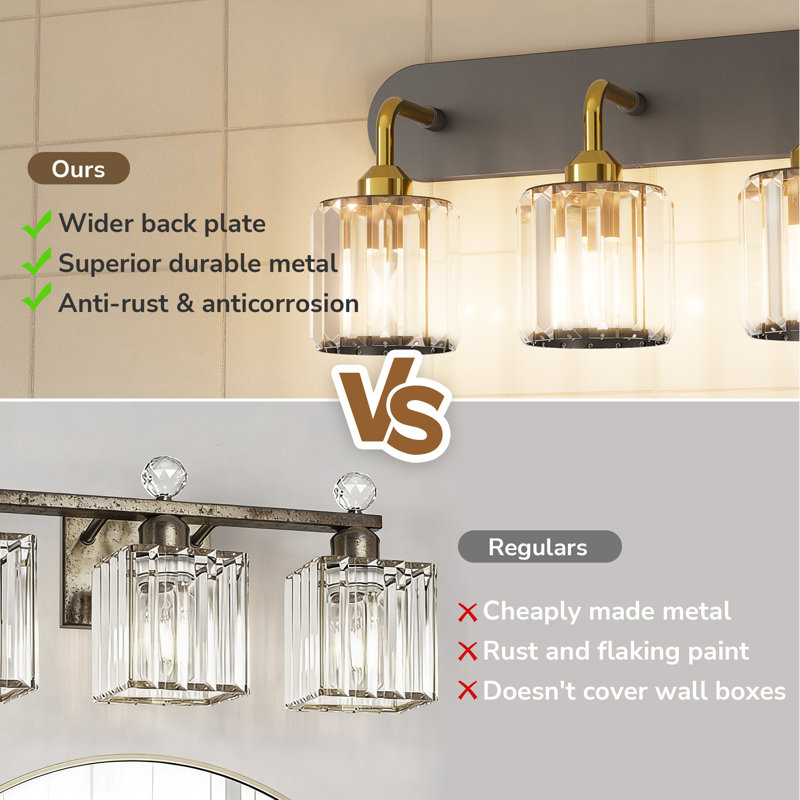 Dimmable Bathroom Vanity Light with Crystal Shade, Matte Black/Brushed Gold, 3 Lights