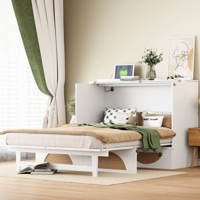Grand lit, teinte blanche, avec rangement spacieux et options de chargement