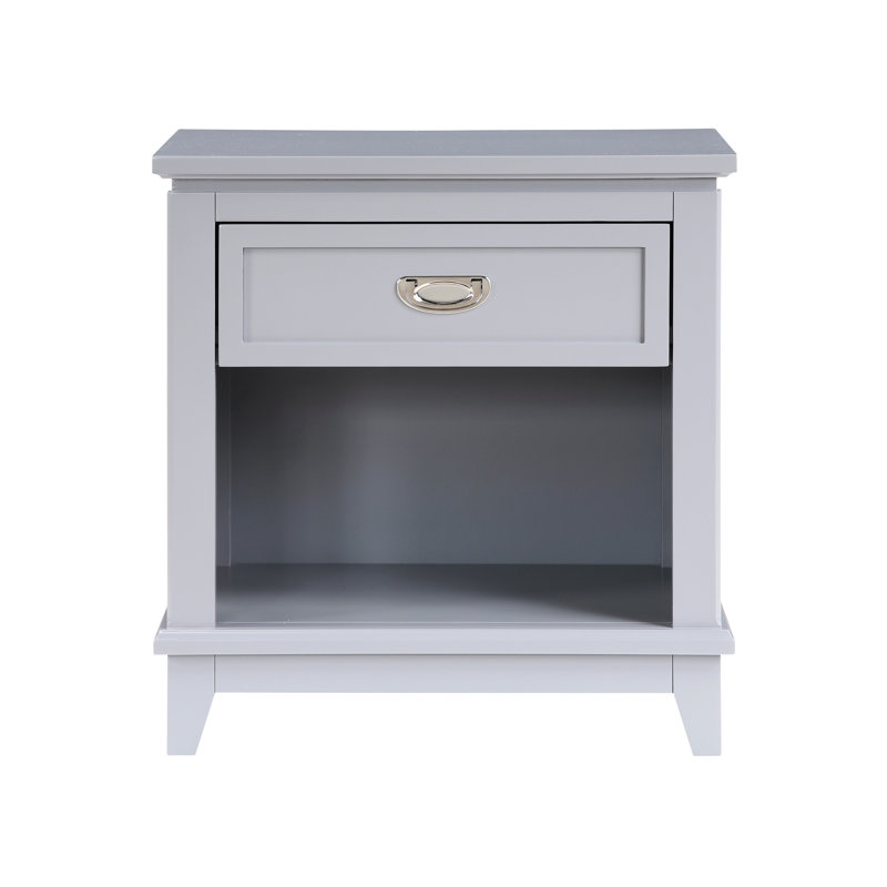 Table de chevet classique gris avec 1 tiroir et tablette inférieure, rangement dans la chambre à coucher, sans assemblage, table de chevet en nickel, glissières lisses, poignées, H 26 po, assemblage