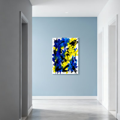 Abstrait bleu jaune et noir sur toile tendue, ensemble de 1 reproduction d'art sur toile tendue