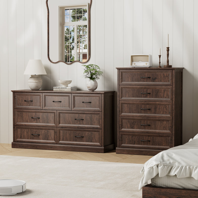 Ensemble de chambre à coucher 2 pièces, commode 7 tiroirs et commode avec armoire de rangement Hallah, Brun