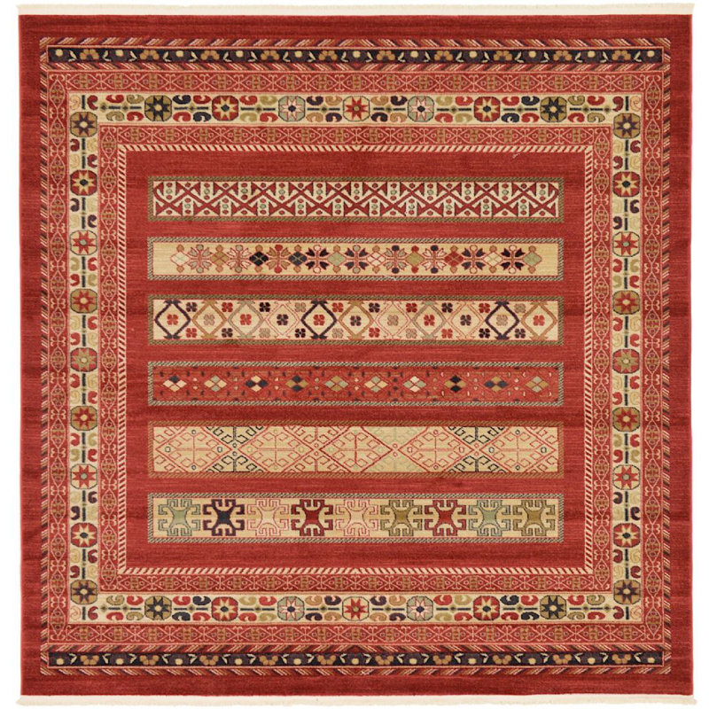 Frederica Geometric Deep Red Area Rug, Square 8'