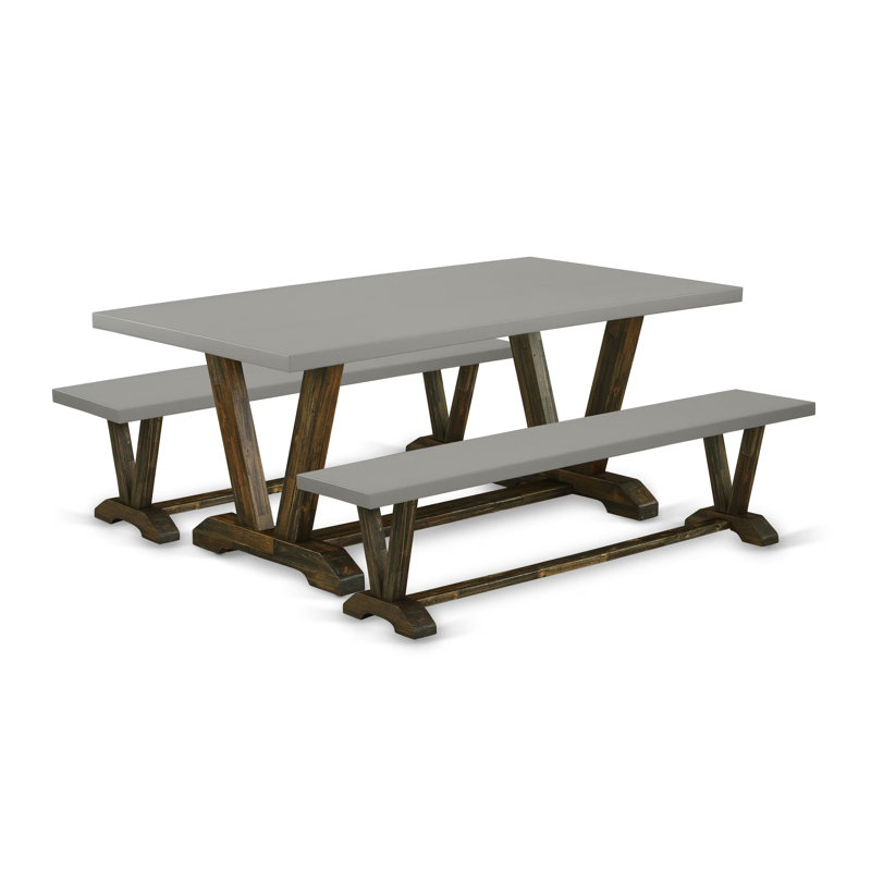 Ensemble de table 3 pièces comprenant une table de salle à manger et 2 bancs de style Mid-Century moderne - plateau de table en ciment et finition jacobine patinée