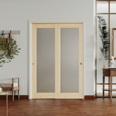 Sliding Closet Door - Frosted Mirror With Wood Finish Frame, MDF Sliding Door With Handle And Sliding Rail Kit
