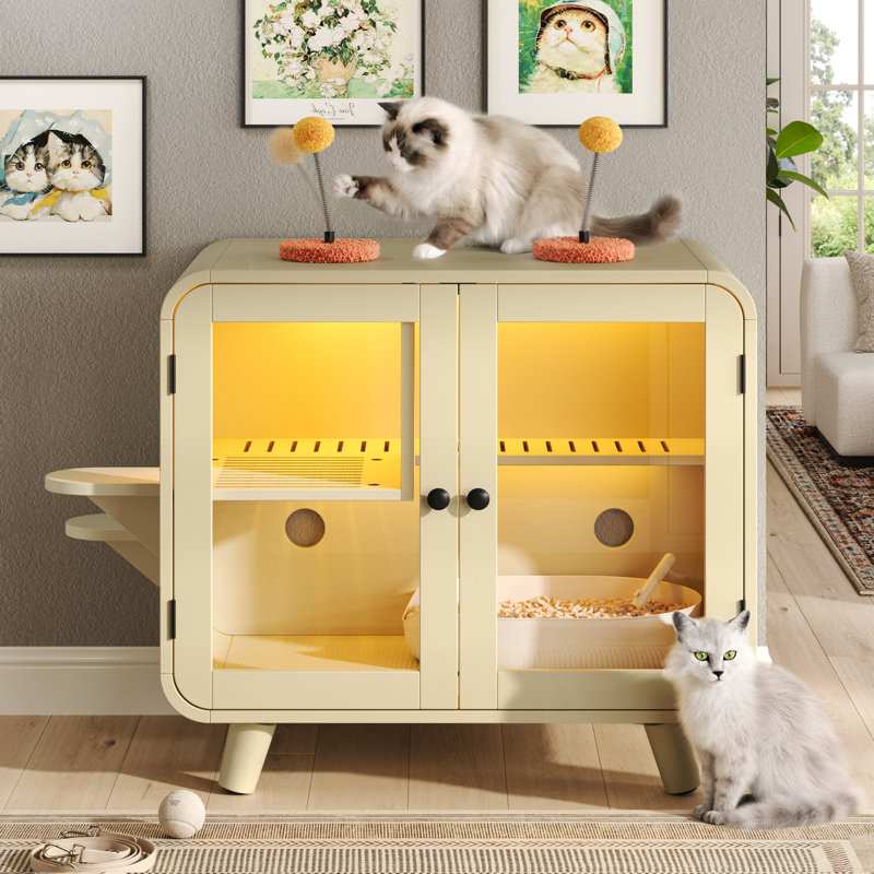Ishaanvi Enclosure with LED Light and 2 Glass Doors, Beige