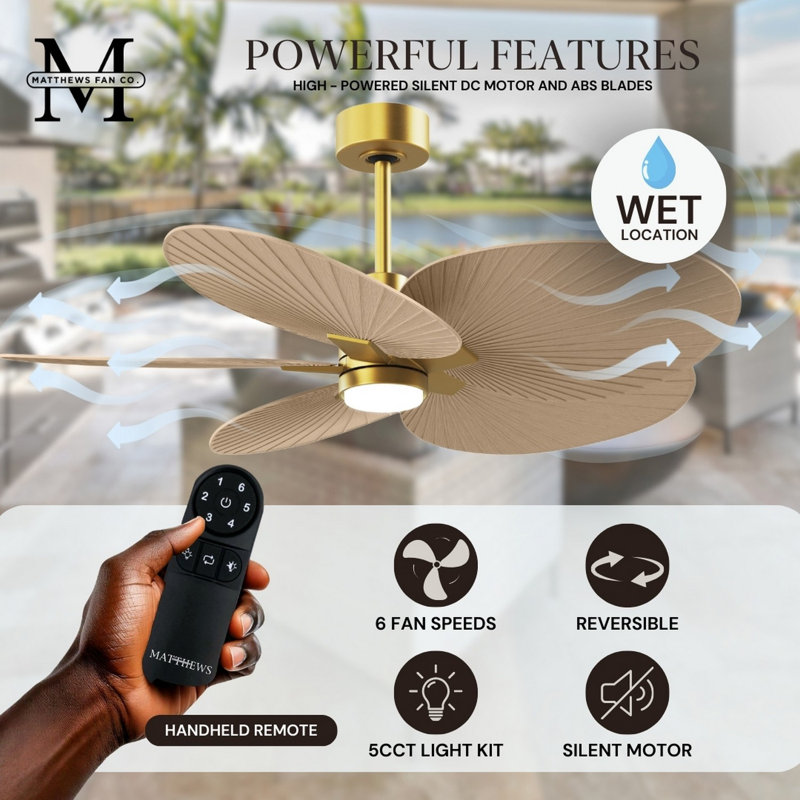 Alessandra Tropical - Five Blade Ceiling Fan - Matte White Finish - Matte White Blades, Brushed Brass, Light Maple Tone