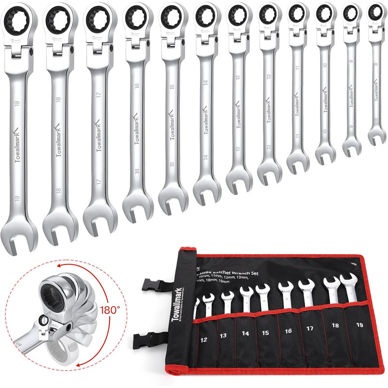 Ensemble de clés à douille 12 pièces, ensemble à cliquet, 8 à 19 mm, 72 dents, clés à cliquet en acier Cr-V avec sac de rangement