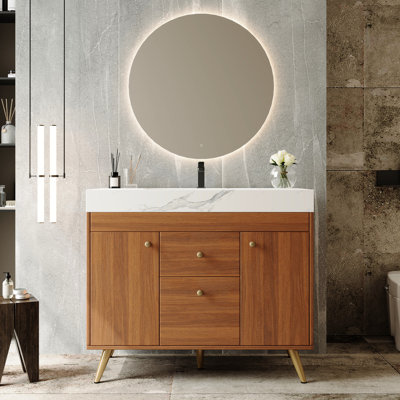 Meuble-lavabo autoportant contemporain de 36 po avec surface en pierre frittée, lavabo en céramique et unités de rangement latérales - idéal pour organiser les serviettes en pierre de faux marbre ultra moderne, lavabo blanc brillant, Smart