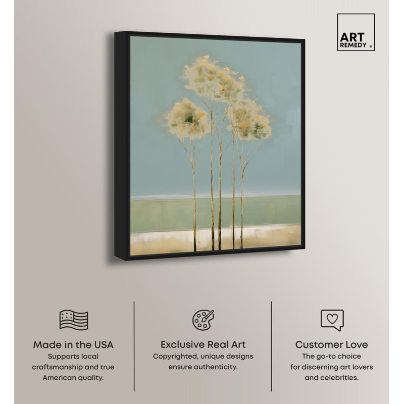 Sage Green Tree Canvas Minimalist Forests by Art Remedy, Black Floater Frame, 21" H x 17" W