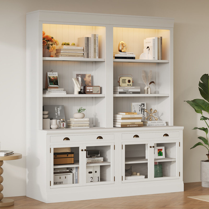Armoires de rangement de 83,4 po de hauteur, ensemble de bibliothèque avec éclairage à DEL, bibliothèques modernes avec portes en verre et tablettes ouvertes