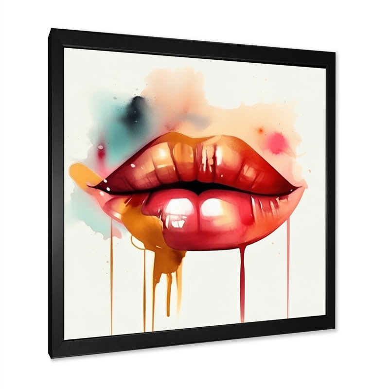 Red Lips Of Luxury I - Art mural sur toile tendance, H 16 po x l 16 po x P 1 po, Cadre photo noir