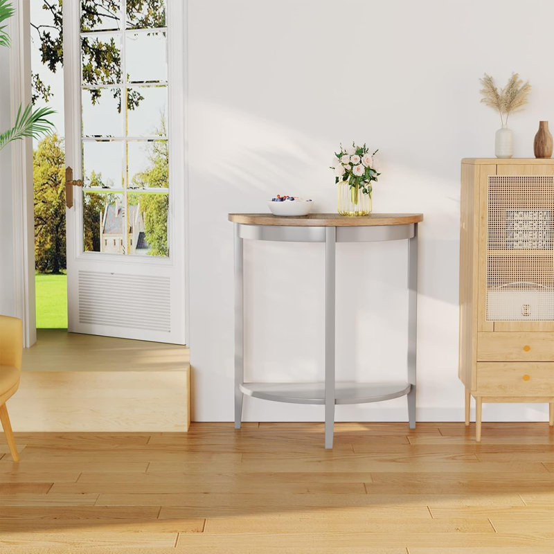 Half Moon Wooden Console Table With Bottom Shelf, Durable Wooden Frame In Gray Oak Finish