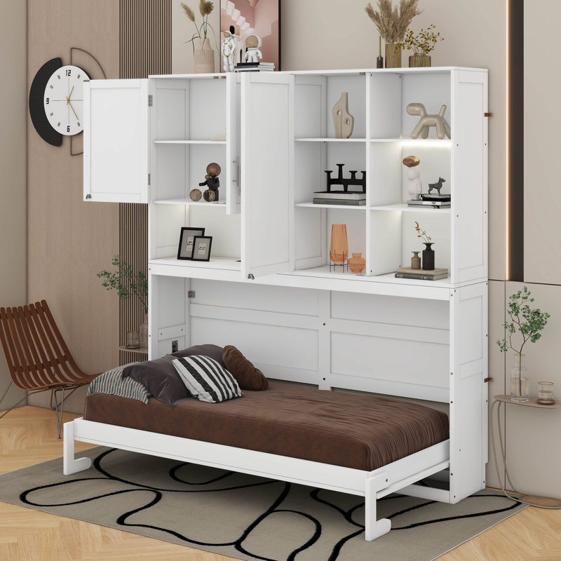 Lit escamotable mural simple avec armoire supérieure, tablettes, lumière et USB, Blanc