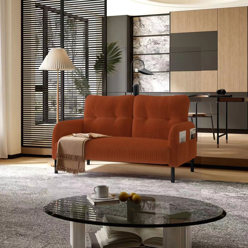 Élégant lit double en velours côtelé orange, équipé de coussins à haute densité et de poches latérales Élégante éponge orange, structure en bois massif, fonction de rangement