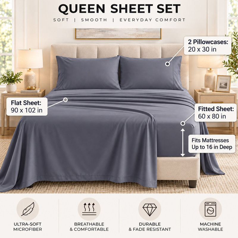 Ensemble de draps en microfibre 4 pièces avec draps-housses profonds 16 po, gris, Queen Sheet Set with 2 Pillowcases