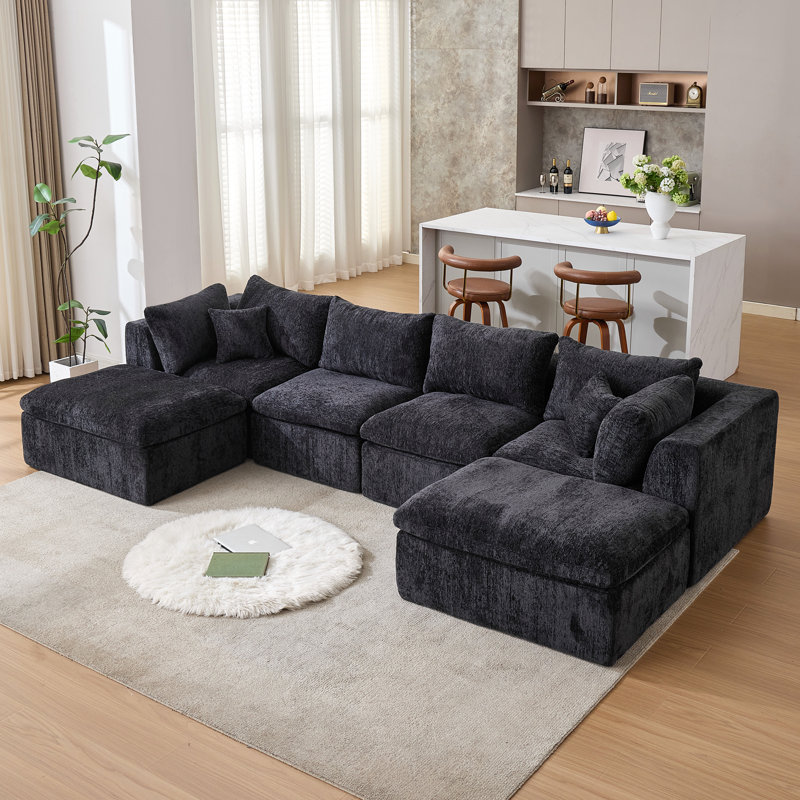 Canapé modulaire rembourré 6 pièces 6 pièces, Chenille noir, H 25,6 po x l 145 po x P 70,9 po